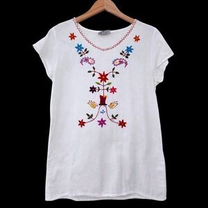 Embroidered Designs Handmade Floral Folk Art Tunic Sz‎ S Cottage Boho Hippie Top